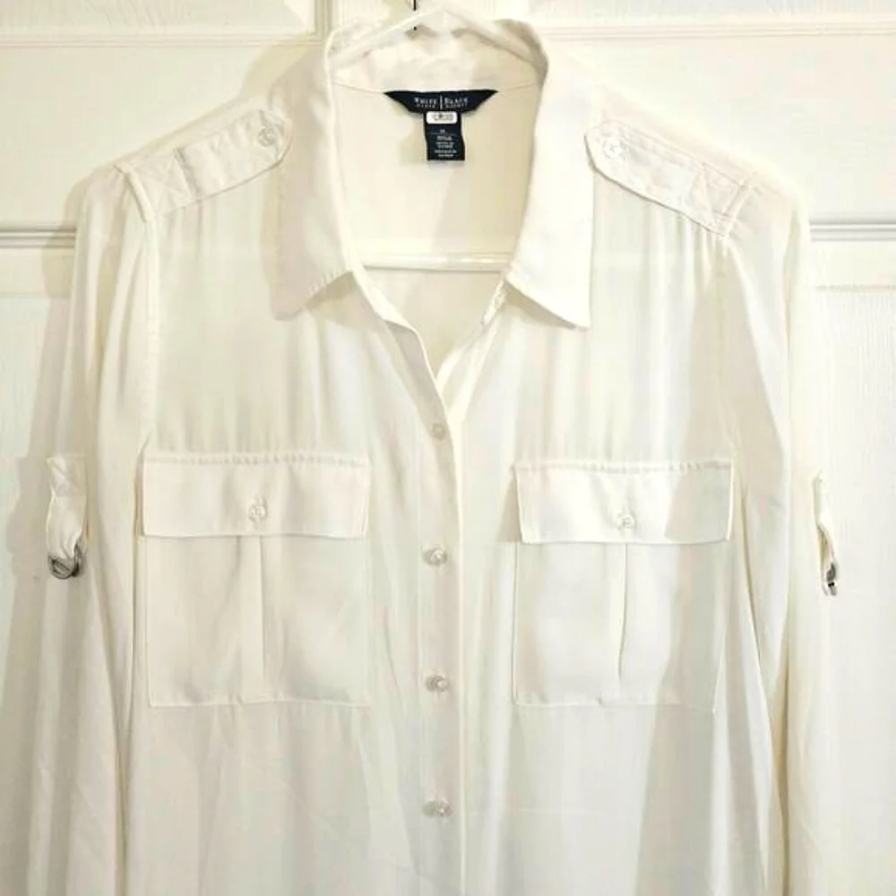 White House Black Market White High Low Tunic Blouse 10 Buttons Office Pockets - Picture 3 of 10